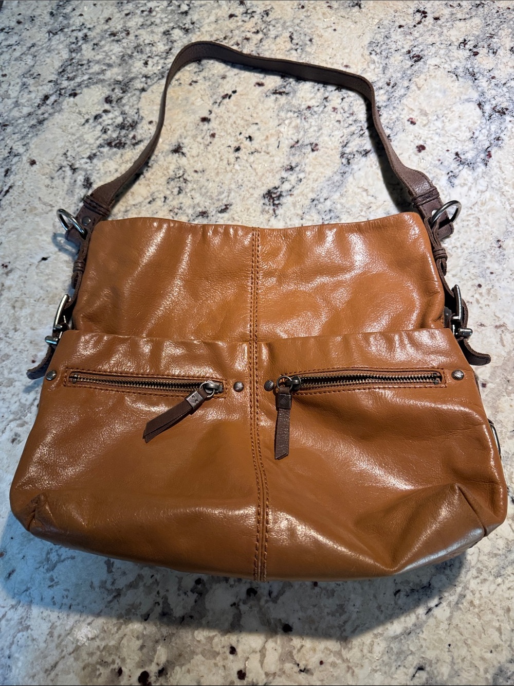 Everyday Camel Leather Shoulder Bag with Front Zip Pockets-The Sak